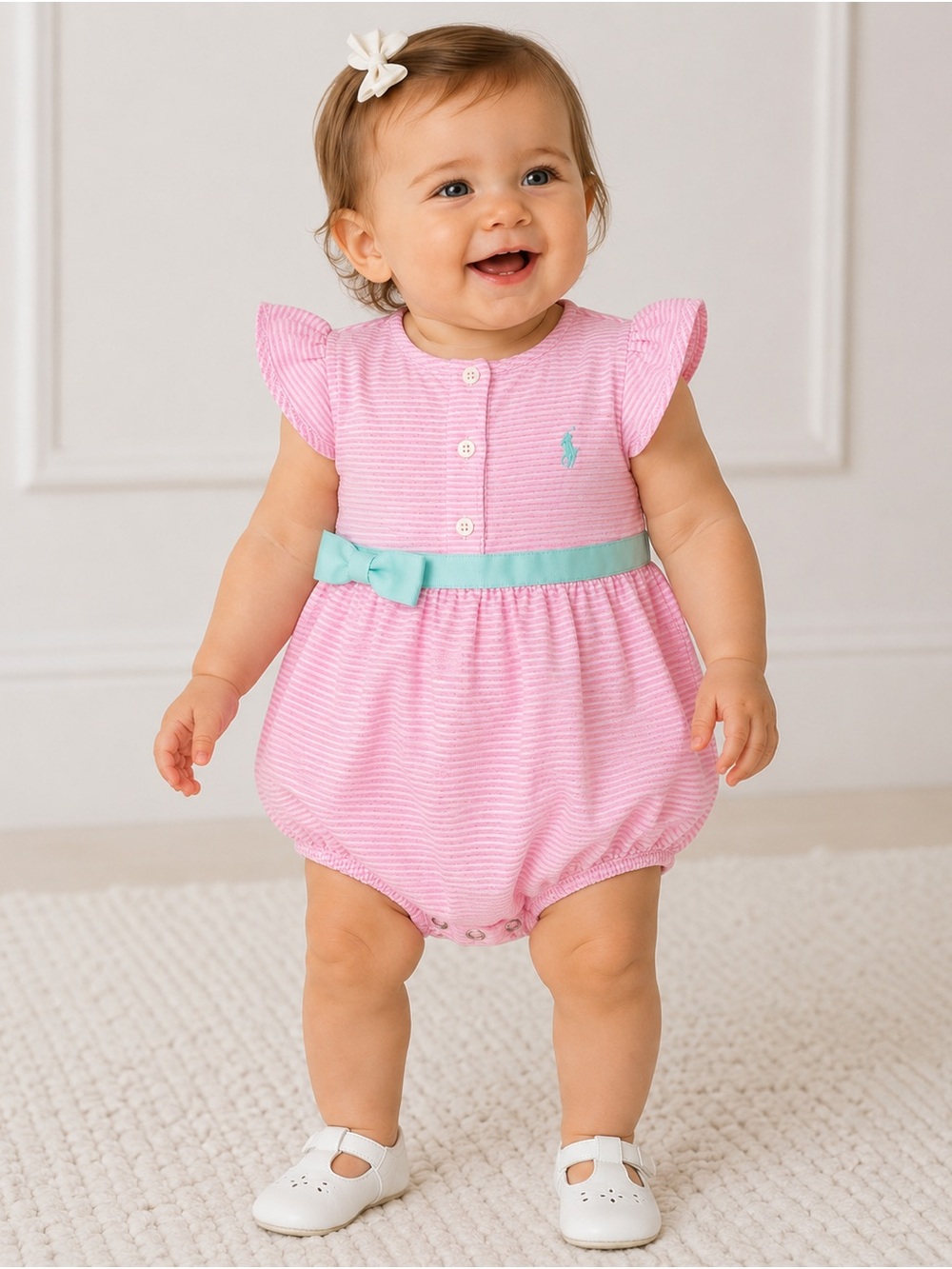 Ralph Lauren Baby Girls Pink Striped Bubble Romper | 18M | Ribbon Waist